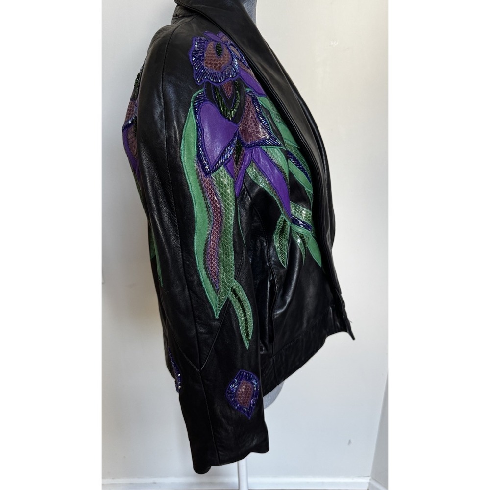 Vtg 80's Erez Flaming Irises Leather Jacket M Moto Snakeskin Trim Colorful Art - Picture 6 of 16